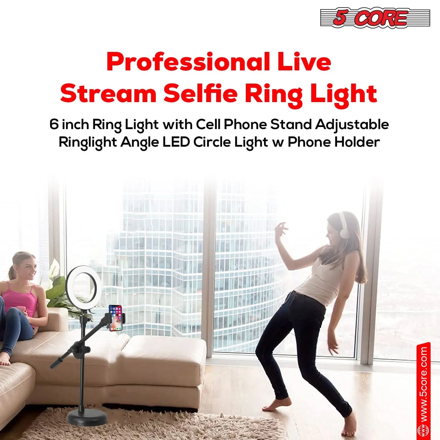 5Core 6-Inch Adjustable LED Ring Light with Cell Phone Stand and Holder