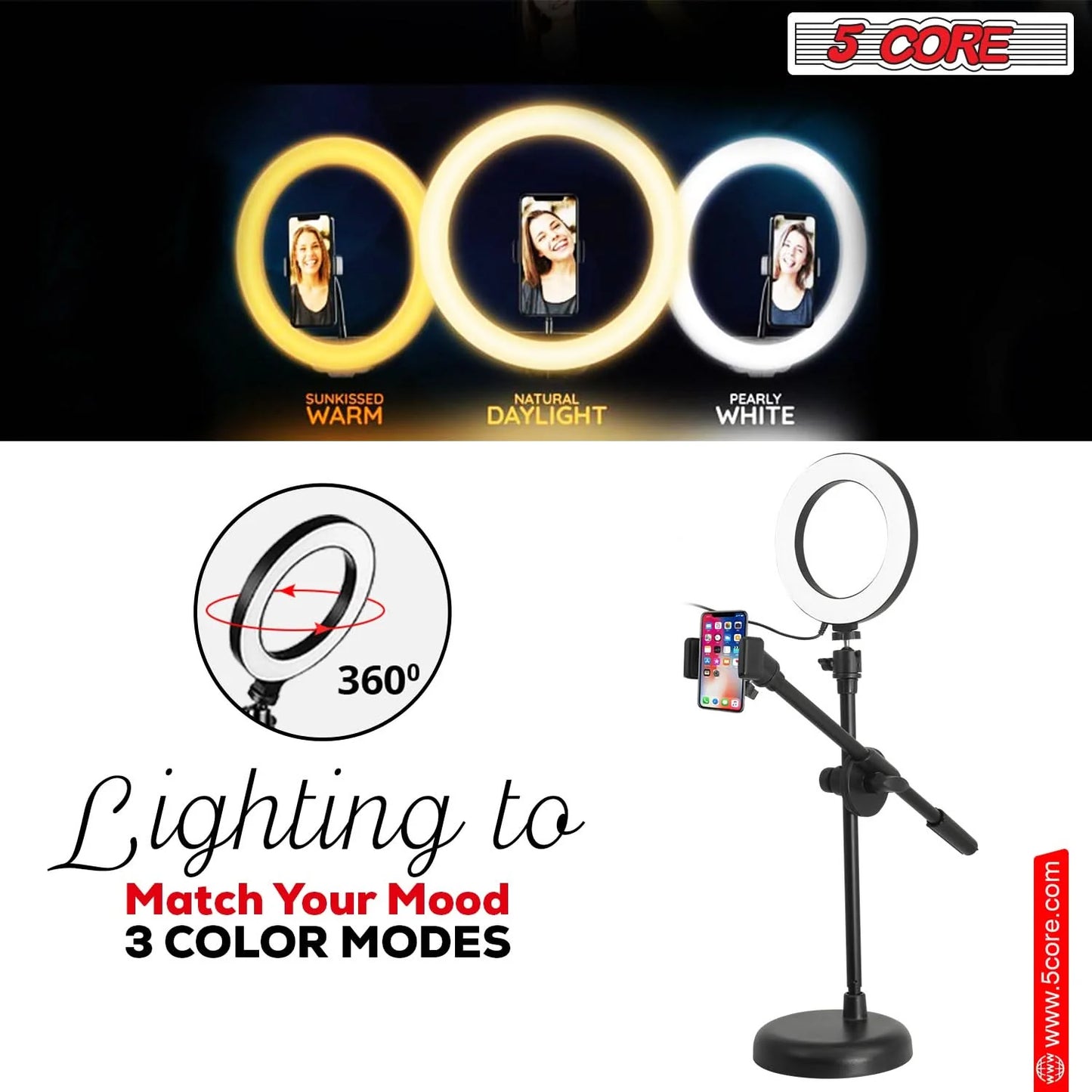 5Core 6-Inch Adjustable LED Ring Light with Cell Phone Stand and Holder