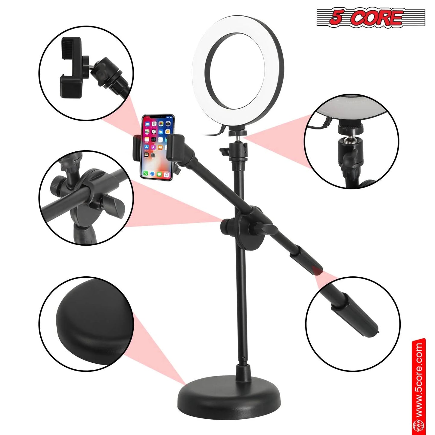 5Core 6-Inch Adjustable LED Ring Light with Cell Phone Stand and Holder