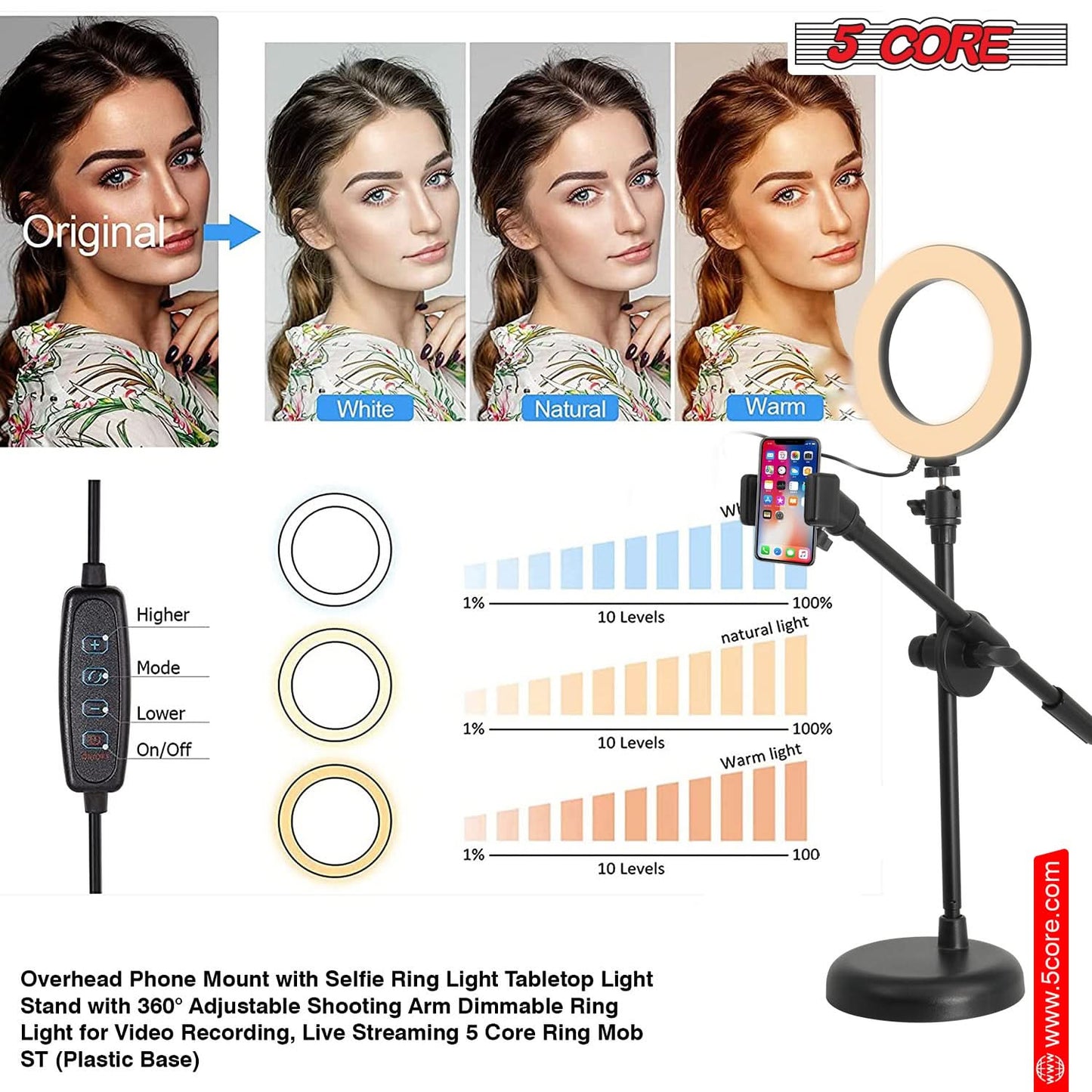 5Core 6-Inch Adjustable LED Ring Light with Cell Phone Stand and Holder