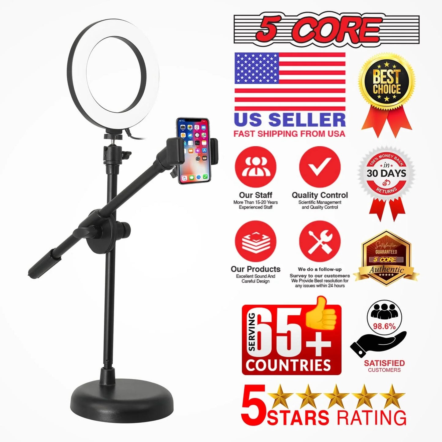 5Core 6-Inch Adjustable LED Ring Light with Cell Phone Stand and Holder
